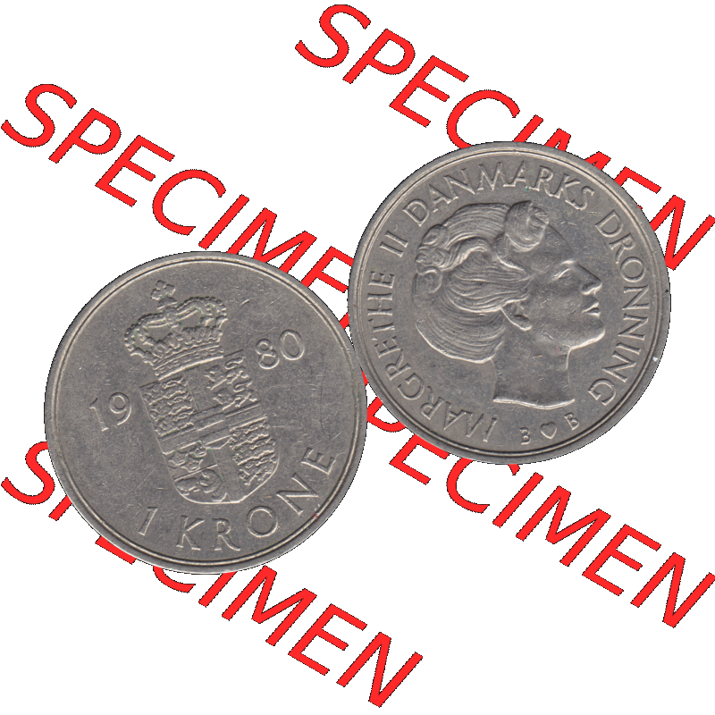 Alte Münze aus Dänemark als PNG-Grafik 1979-1981, 1 Krone 1980 Kursmünze-01. Vorderseite und Rückseite horizontal auf einen digitalen Bild der alten dänischen Umlaufmünze... Sammlung