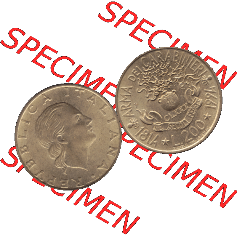 Bildmaterial einer Münze aus Italien / Italia als PNG-Grafik 1994-1994, 200 Lire 180 Jahre Carabinieri 1994-01. Vorderseite und Rückseite horizontal auf einen digitalen Bild... Sammlung