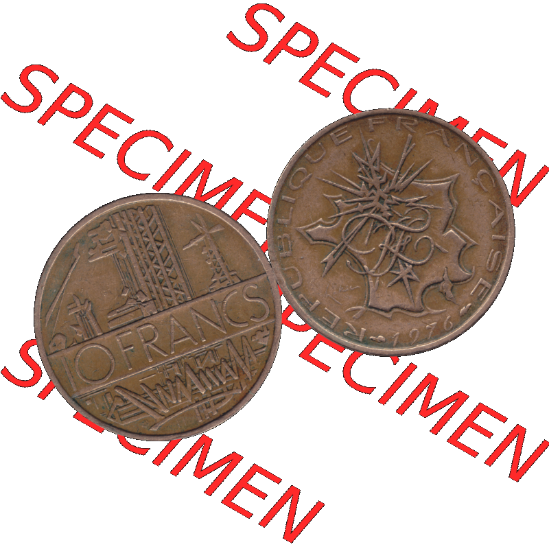 Münzen Frankreich Umlaufmünze 1974-1987, 10 Franken-Francs 1976-01. Vorderseite und Rückseite horizontal auf einen digitalen Bild der alten französischen Umlaufmünze... Sammlung