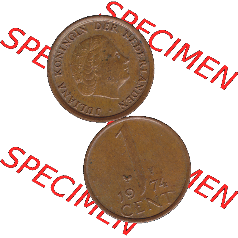 Alte Münze der Niederlande 1951-1975, in PNG digitalisiert 1950-1980, 1 Cent Königin Juliana 1974-01. Vorderseite und Rückseite vertikal auf einen digitalen Bild der alten... Sammlung