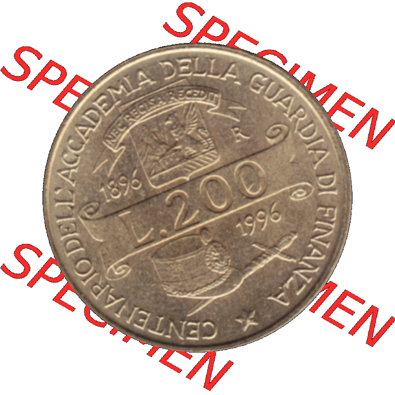 Bildmaterial einer Münze aus Italien / Italia als PNG-Grafik 1996-1996, 200 Lire Zollakademie 1996-01. Rückseite einer alten italienischen 200 Lire Gedenkmünze, Münze... Sammlung