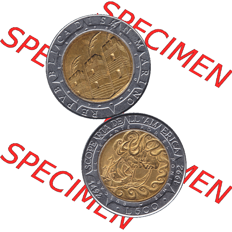 Gedenkmünzen aus San Marino, in PNG 1992-1992, 500 Lire Columbus 1992-01. Vorderseite und Rückseite vertikal auf einen digitalen Bild der alten Gedenkmünze aus San Marino... Sammlung