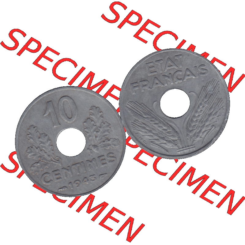 Münzen Frankreich Umlaufmünze in PNG einer Münze aus Frankreich 1941-1943, 10 Centimes, Etat Francais 1943-01. Vorderseite und Rückseite horizontal auf einen digitalen... Sammlung