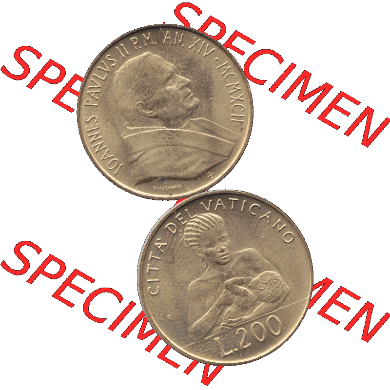 Alte Münze aus der Vatikanstadt / Vatikan als PNG-Grafik 1992-1992, 200 Lire Papst Giovanni Paolo II. 1992-01. Vorderseite und Rückseite vertikal auf einen digitalen Bild... Sammlung