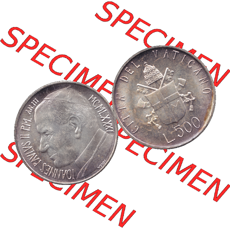 Alte Münze aus der Vatikanstadt / Vatikan als PNG-Grafik 1981-1981, 500 Lire Silbermünze Papst Johannes Paul II. 1981-01. Vorderseite und Rückseite horizontal auf... Sammlung