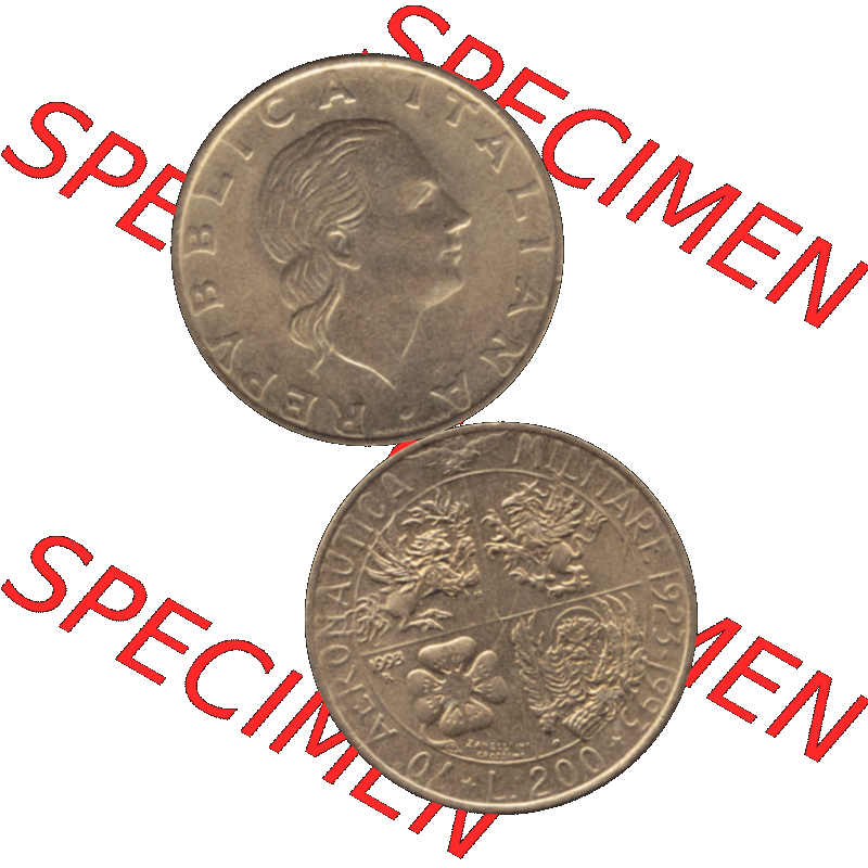 Bildmaterial einer Münze aus Italien / Italia als PNG-Grafik 1993-1993, 200 Lire Militärischen Luftfahrt 1993-01. Vorderseite und Rückseite vertikal untereinander auf einen... Sammlung