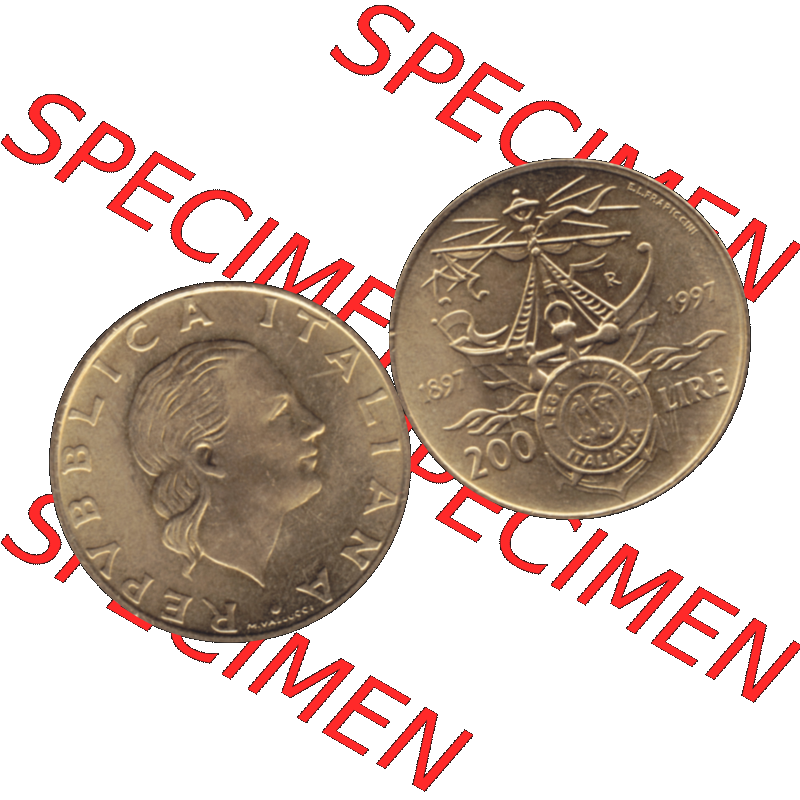 Bildmaterial einer Münze aus Italien / Italia als PNG-Grafik 1997-1997, 200 Lire Italienische Meeresliga 1997-01. Vorderseite und Rückseite horizontal auf einen digitalen Bild... Sammlung