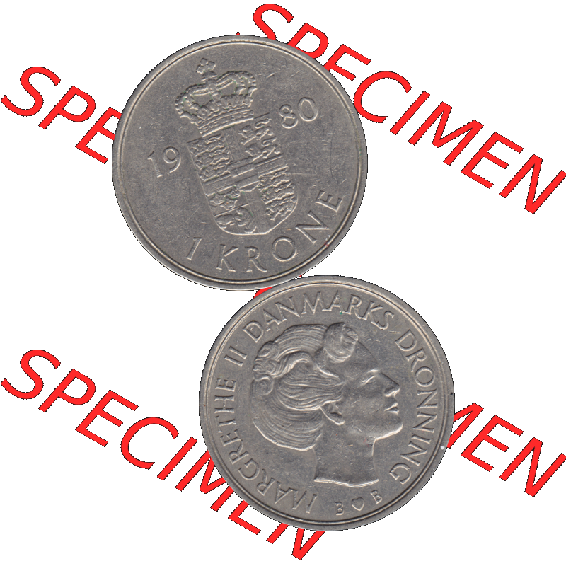 Alte Münze aus Dänemark als PNG-Grafik 1979-1981, 1 Krone 1980 Kursmünze-01. Vorderseite und Rückseite vertikal auf einen digitalen Bild der alten dänischen Umlaufmünze... Sammlung