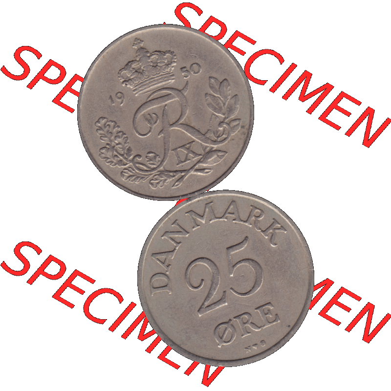 Alte Münze aus Dänemark als PNG-Grafik 1948-1960, 25 Öre 1950-01. Vorderseite und Rückseite vertikal auf einen digitalen Bild der alten dänischen Umlaufmünze... Sammlung
