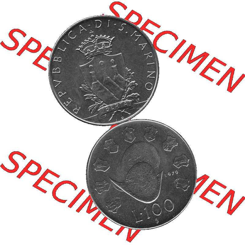 Bildmaterial Münzensatz / KMS 1979 aus San Marino in Graustufen 1979-1979, 100 Lire, J.P. LIBERTAS REPVBBLICA DI S. MARINO L.100 Graustufen. PNG... Sammlung