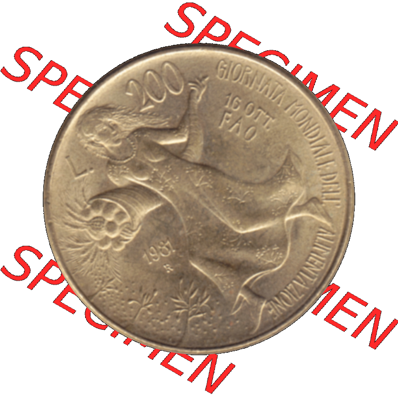 Bildmaterial einer Münze aus Italien / Italia als PNG-Grafik 1981-1981, 200 Lire FAO - Welternährungstag 1981-01. Rückseite einer alten italienischen 200 Lire Gedenkmünze,... Sammlung