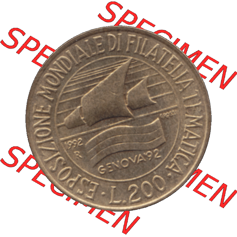 Bildmaterial einer Münze aus Italien / Italia als PNG-Grafik 1992-1992, 200 Lire Briefmarkenausstellung in Genua 1992-01. Rückseite einer alten italienischen 200 Lire Gedenkmünze,... Sammlung