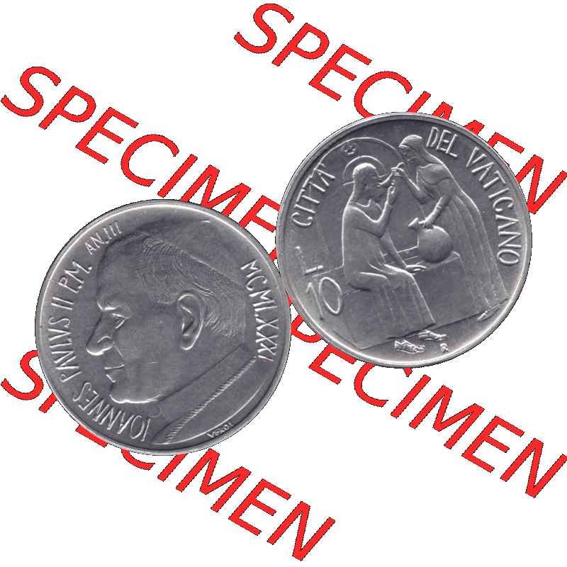 Alte Münze aus der Vatikanstadt / Vatikan als PNG-Grafik 1981-1981, 10 Lire Papst Johannes Paul II. 1981-01. Vorderseite und Rückseite horizontal auf einen digitalen Bild... Sammlung