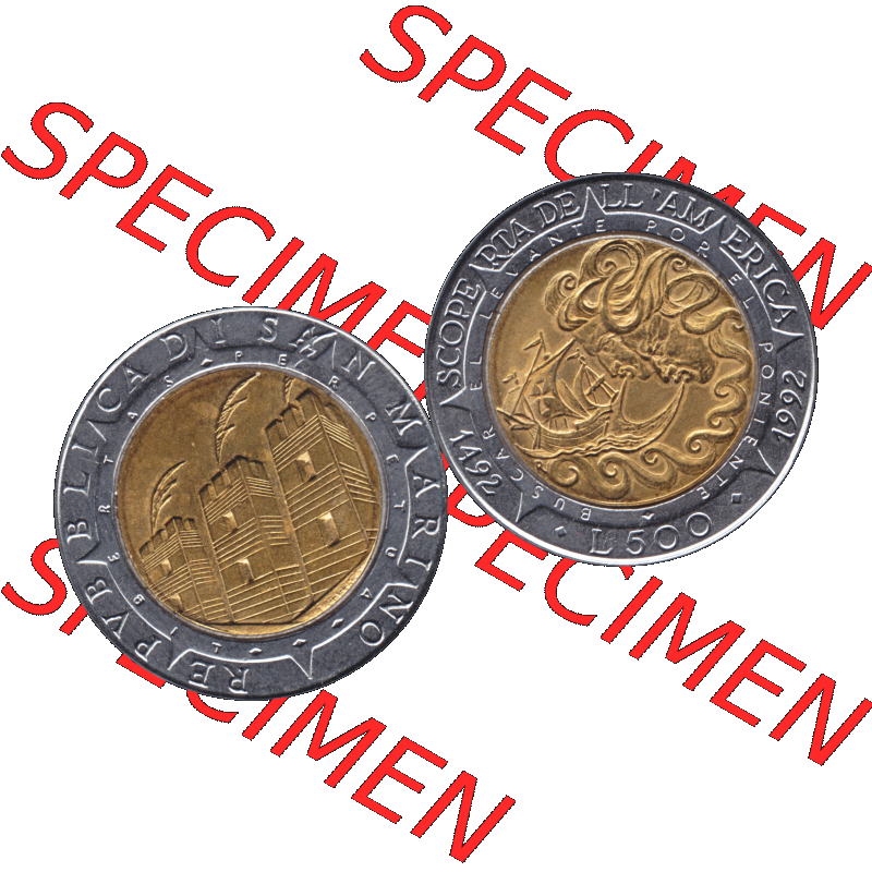 Gedenkmünzen aus San Marino, in PNG 1992-1992, 500 Lire Columbus 1992-01. Vorderseite und Rückseite horizontal auf einen digitalen Bild der alten Gedenkmünze aus San Marino... Sammlung