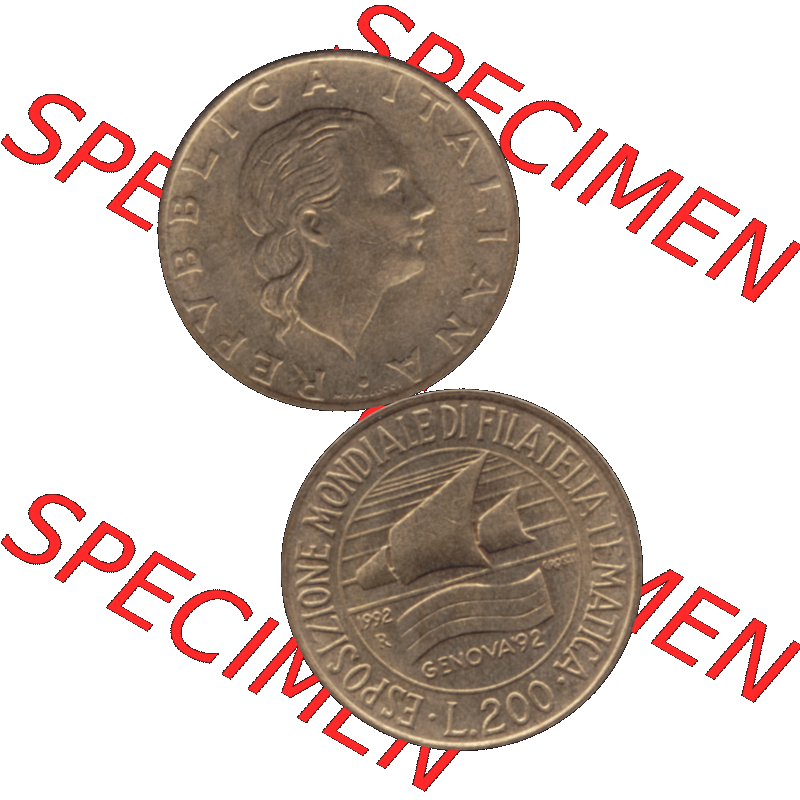 Bildmaterial einer Münze aus Italien / Italia als PNG-Grafik 1992-1992, 200 Lire Briefmarkenausstellung in Genua 1992-01. Vorderseite und Rückseite vertikal untereinander auf... Sammlung