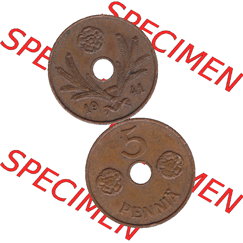 Alte Münzen KMS Finnland, Kursmünzensatz Finnland in transparenten digitalen PNG-Format 1941-1943, 5 Penny, Penniä, Kupfer 1941-1. Die digitalisierte Münze... Sammlung