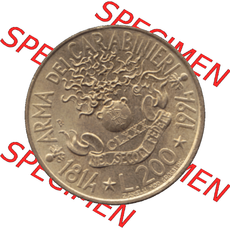 Bildmaterial einer Münze aus Italien / Italia als PNG-Grafik 1994-1994, 200 Lire 180 Jahre Carabinieri 1994-01. Rückseite einer alten italienischen 200 Lire Gedenkmünze,... Sammlung