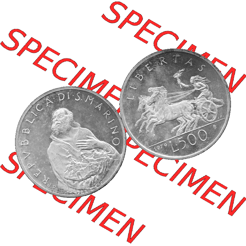 Bildmaterial Münzensatz / KMS 1979 aus San Marino in Graustufen 1979-1979, 500 Lire, Silbermünze J.P. REPVBBLICA DI SAN MARINO, 1979 J.P. L.500... Sammlung