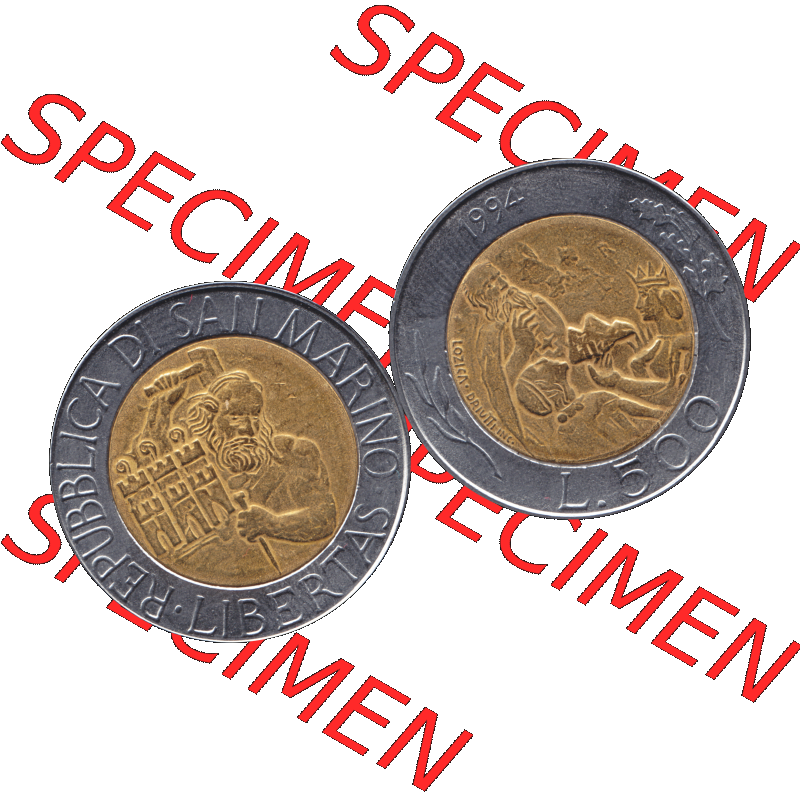 Gedenkmünzen aus San Marino, in PNG 1994-1994, 500 Lire Steinmetz mit Hammer und Meißel Rauchtürme -1994-01. Vorderseite und Rückseite horizontal auf einen digitalen... Sammlung