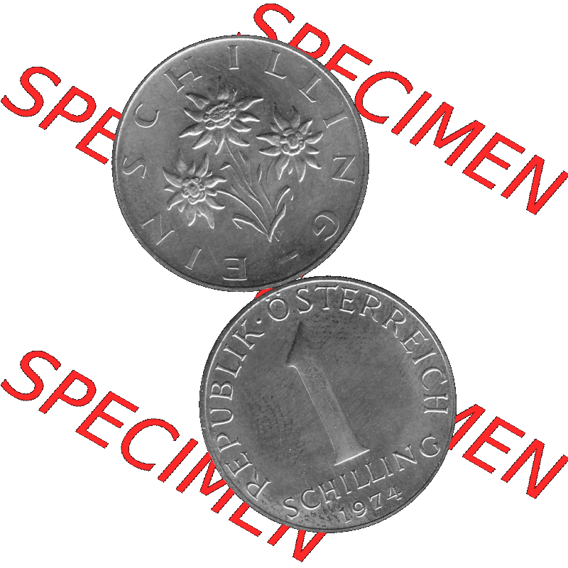 Alte Münze aus KMS Österreich, Kursmünzensatz 1974 in PP 1959-2001, 1 Schilling 1974-01. Vorderseite und Rückseite in Graustufen vertikal auf einen digitalen Bild... Sammlung