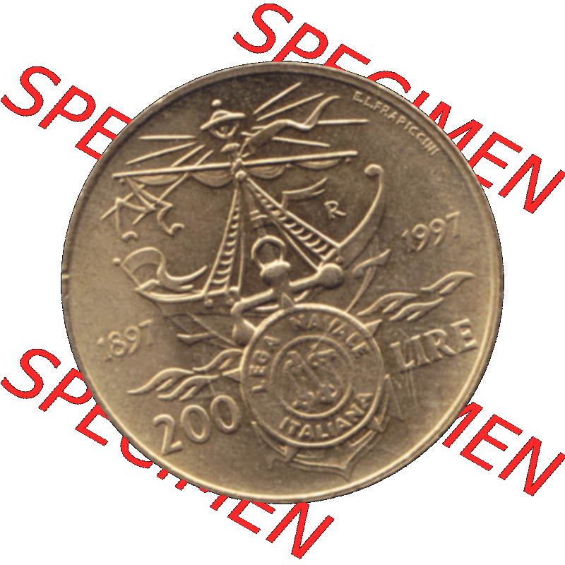 Bildmaterial einer Münze aus Italien / Italia als PNG-Grafik 1997-1997, 200 Lire Italienische Meeresliga 1997-01. Rückseite einer alten italienischen 200 Lire Gedenkmünze,... Sammlung