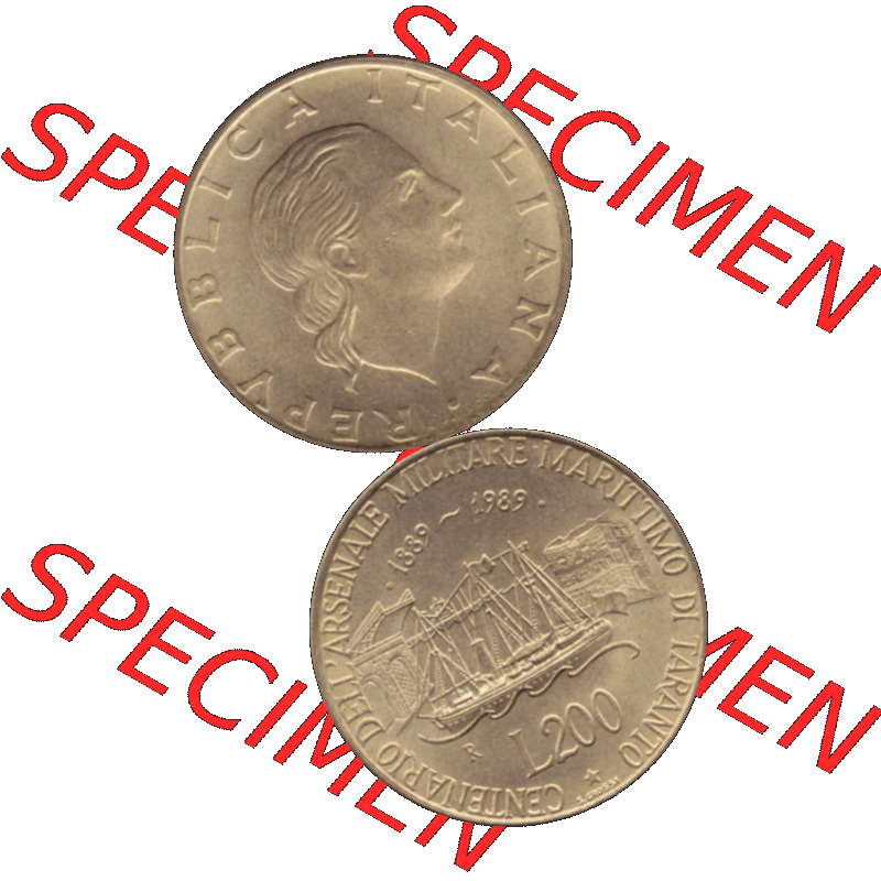 Bildmaterial einer Münze aus Italien / Italia als PNG-Grafik 1989-1989, 200 Lire Marinebasis Tarent 1989-01. Vorderseite und Rückseite vertikal untereinander auf einen digitalen... Sammlung
