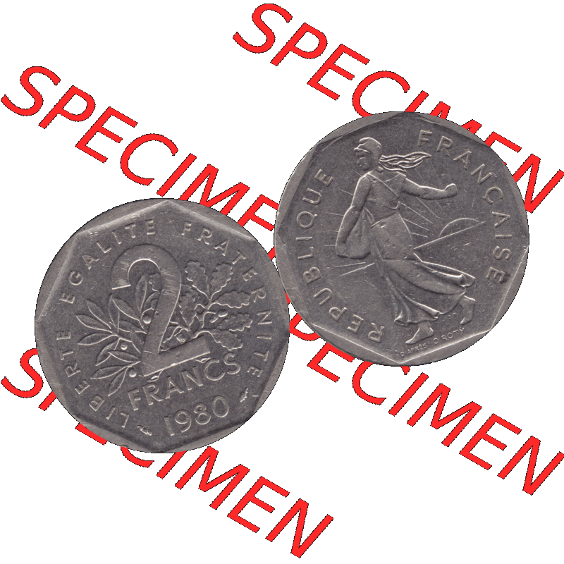 Münzen Frankreich Umlaufmünze 1979-2001, 2 Francs Säerin Semeuse 1980-01. Vorderseite und Rückseite horizontal auf einen digitalen Bild der alten französischen Umlaufmünze... Sammlung