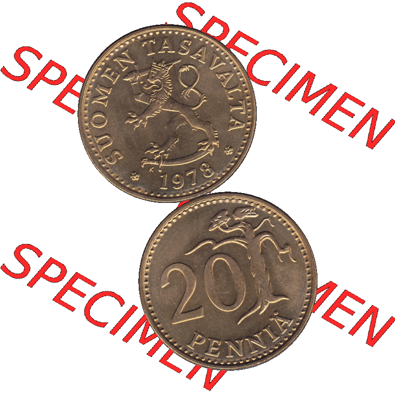 Alte Münzen KMS Finnland, Kursmünzensatz 1978 in Stempelglanz als digitales Computerbild einer finnischen digitalisierten Münze in transparenten PNG 1963-1990, 20 Penny,... Sammlung