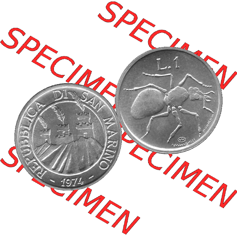 Bildmaterial Münzensatz / KMS 1974 aus San Marino in Graustufen 1974-1974, 1 Lire, 1 Lira, L.1 MINGUZZI MONASSI INC. Graustufen. PNG Computer-Grafik in Graustufen... Sammlung