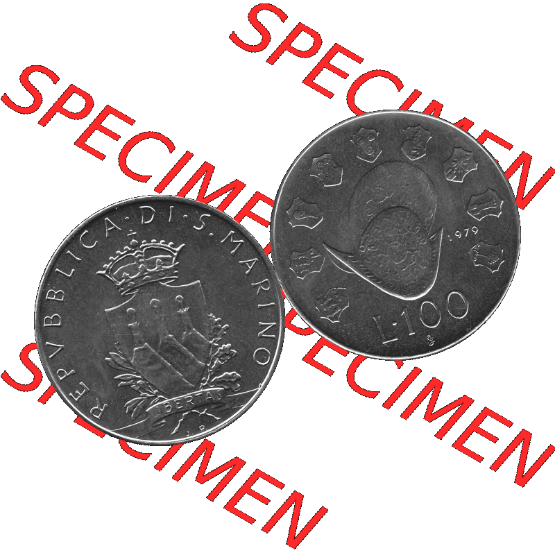 Bildmaterial Münzensatz / KMS 1979 aus San Marino in Graustufen 1979-1979, 100 Lire, J.P. LIBERTAS REPVBBLICA DI S. MARINO L.100 Graustufen. PNG... Sammlung