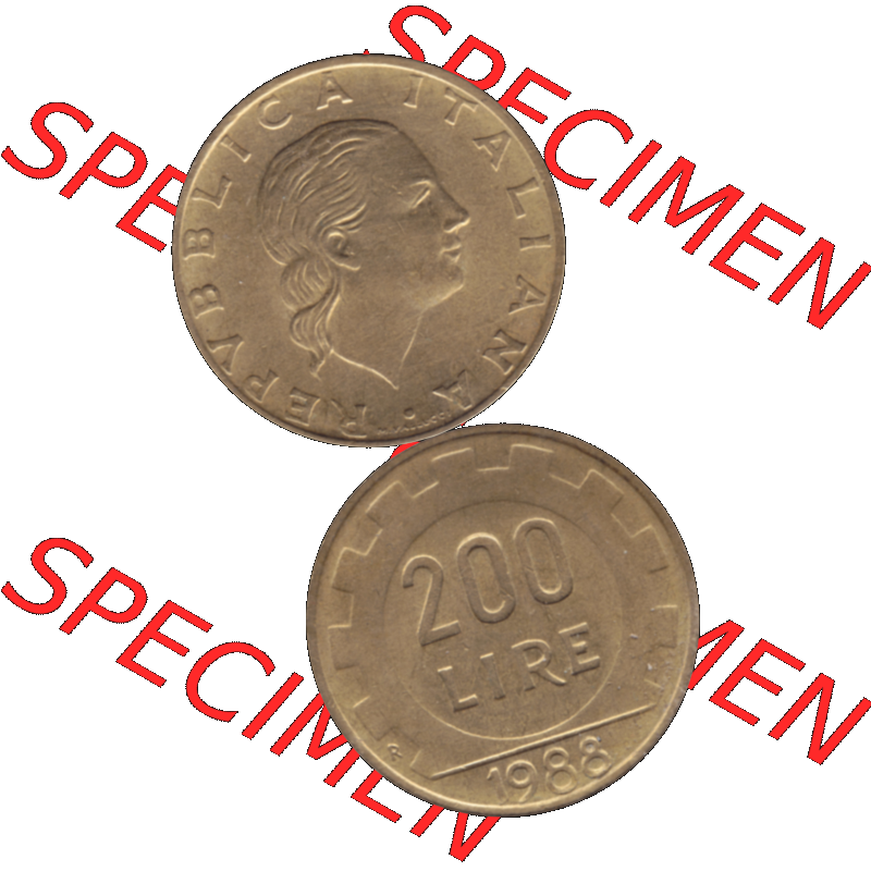 Bildmaterial einer Münze aus Italien / Italia als PNG-Grafik 1977-2001, 200 Lire, Zahnrad 1988-01. Vorderseite und Rückseite vertikal untereinander auf einen digitalen... Sammlung