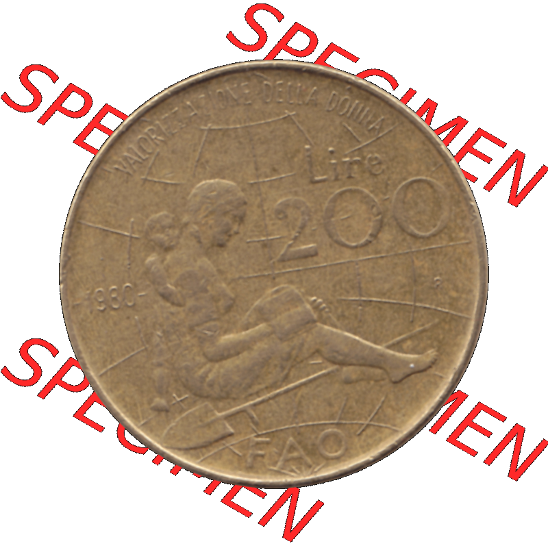 Bildmaterial einer Münze aus Italien / Italia als PNG-Grafik 1980-1980, 200 Lire FAO - Internationales Jahr der Frau 1980-01. Rückseite einer alten italienischen 200 Lire Gedenkmünze,... Sammlung