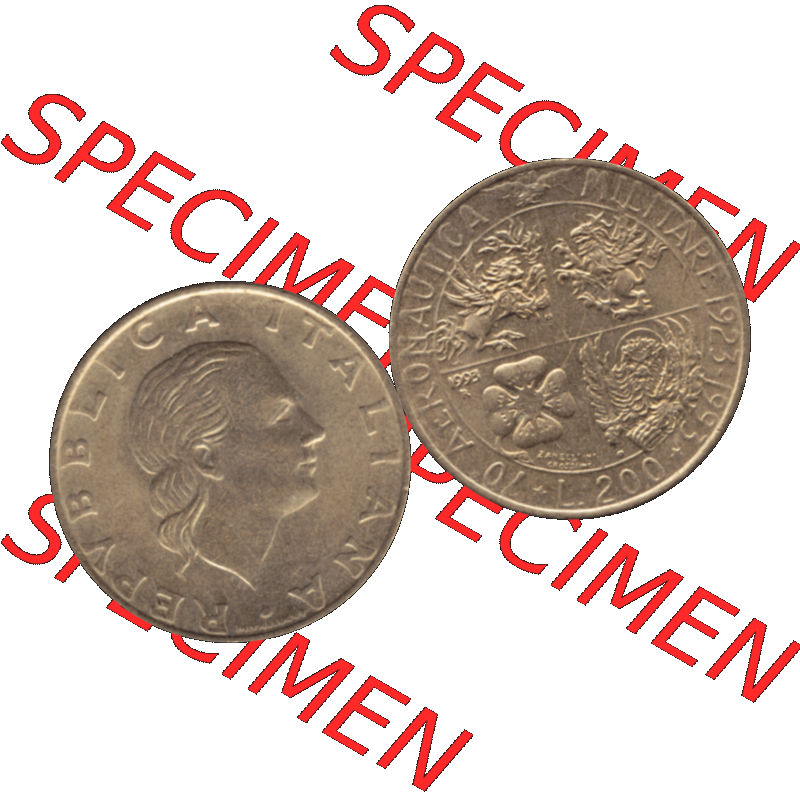 Bildmaterial einer Münze aus Italien / Italia als PNG-Grafik 1993-1993, 200 Lire Militärischen Luftfahrt 1993-01. Vorderseite und Rückseite horizontal auf einen digitalen... Sammlung