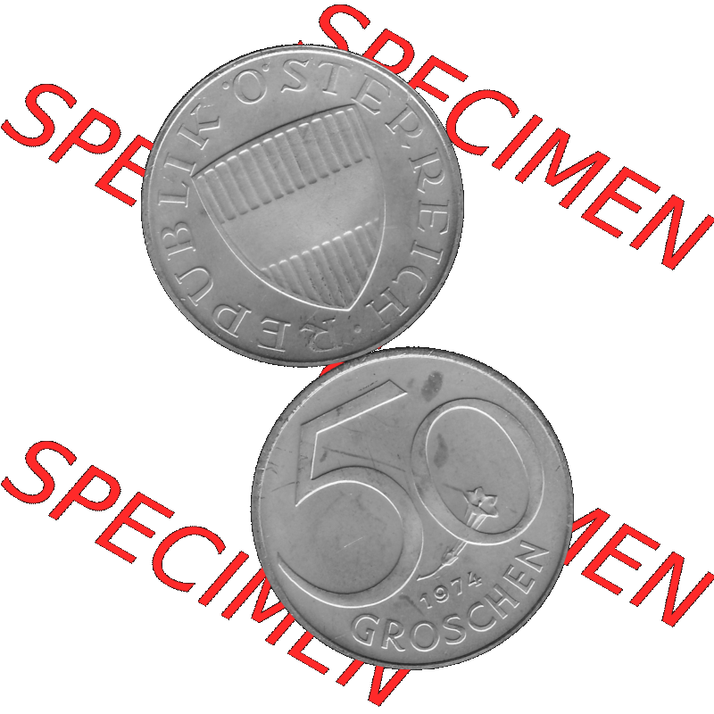 Alte Münze aus KMS Österreich, Kursmünzensatz 1974 in PP 1959-2001, 50 Groschen 1974-01. Vorderseite und Rückseite in Graustufen vertikal auf einen digitalen Bild... Sammlung
