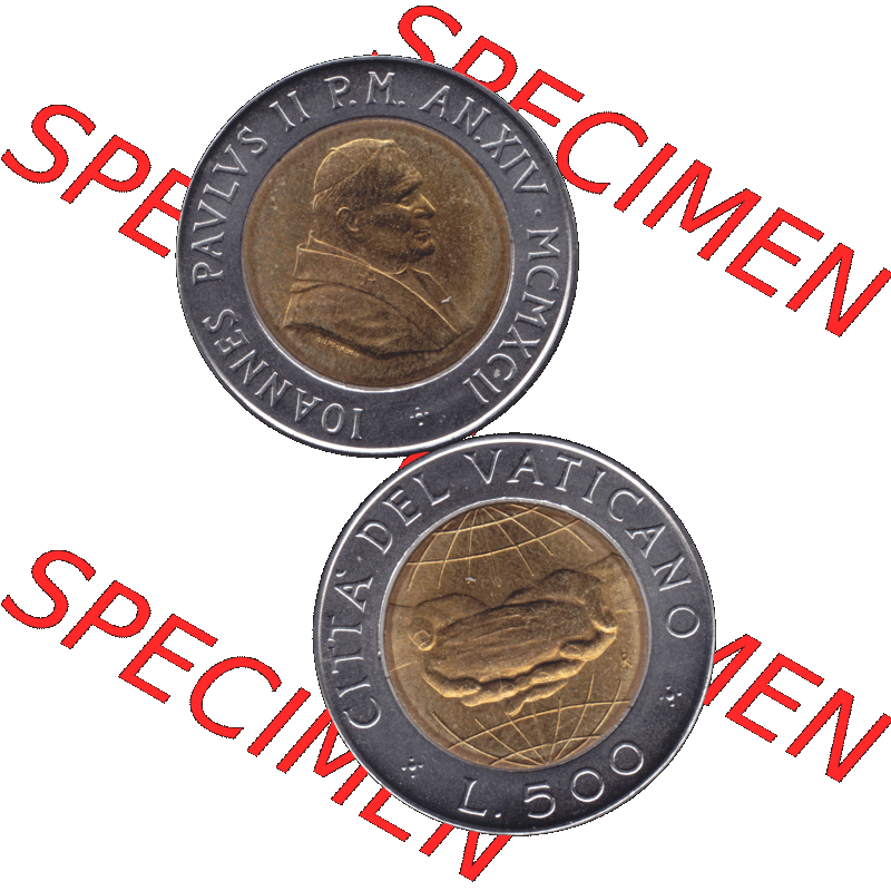 Alte Münze aus der Vatikanstadt / Vatikan als PNG-Grafik 1992-1992, 500 Lire Papst Giovanni Paolo II. 1992-01. Vorderseite und Rückseite vertikal auf einen digitalen Bild... Sammlung