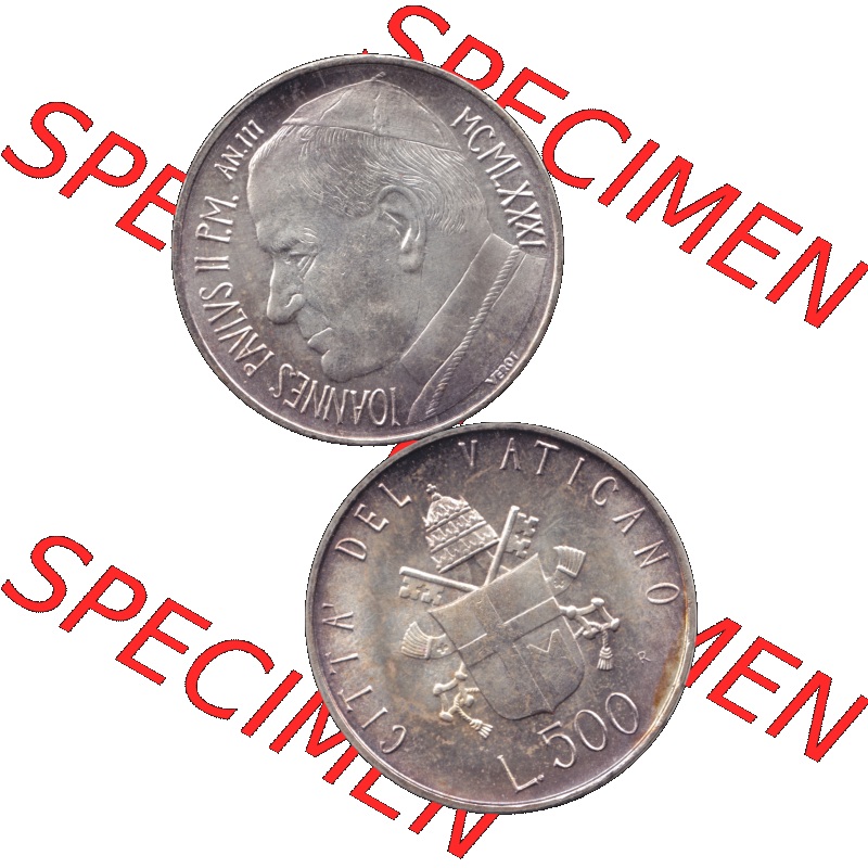Alte Münze aus der Vatikanstadt / Vatikan als PNG-Grafik 1981-1981, 500 Lire Silbermünze Papst Johannes Paul II. 1981-01. Vorderseite und Rückseite vertikal auf einen... Sammlung