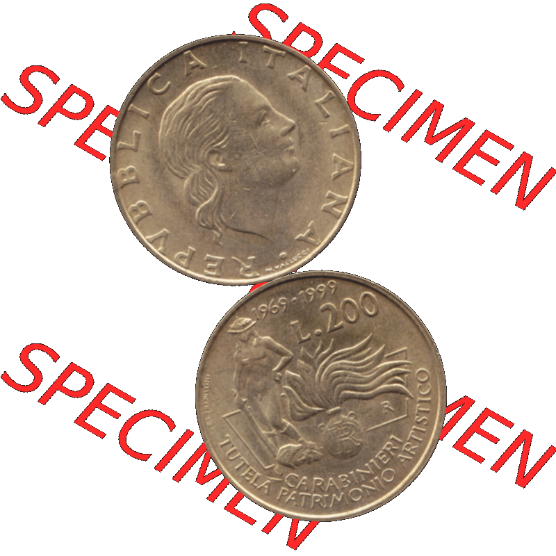 Bildmaterial einer Münze aus Italien / Italia als PNG-Grafik 1999-1999, 200 Lire Carabinieri, Schutz der Kunsterbe 1999-01. Vorderseite und Rückseite vertikal untereinander... Sammlung