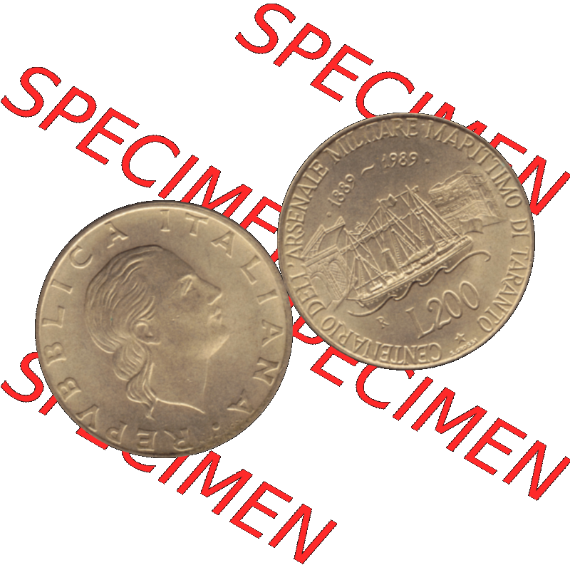 Bildmaterial einer Münze aus Italien / Italia als PNG-Grafik 1989-1989, 200 Lire Marinebasis Tarent 1989-01. Vorderseite und Rückseite horizontal auf einen digitalen Bild einer... Sammlung