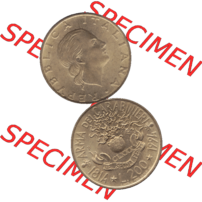 Bildmaterial einer Münze aus Italien / Italia als PNG-Grafik 1994-1994, 200 Lire 180 Jahre Carabinieri 1994-01. Vorderseite und Rückseite vertikal untereinander auf einen digitalen... Sammlung