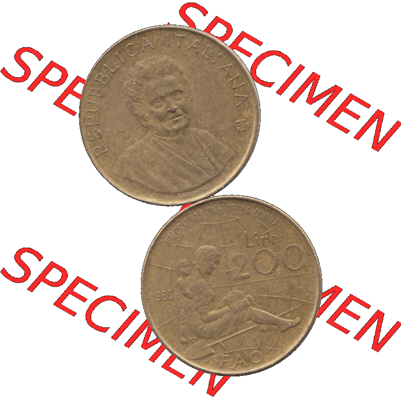Bildmaterial einer Münze aus Italien / Italia als PNG-Grafik 1980-1980, 200 Lire FAO - Internationales Jahr der Frau 1980-01. Vorderseite und Rückseite vertikal untereinander... Sammlung