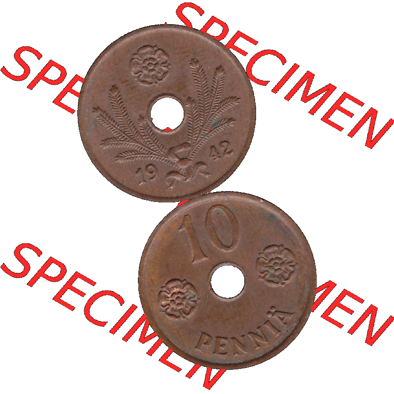 Alte Münzen KMS Finnland, Kursmünzensatz Finnland in transparenten digitalen PNG-Format 1941-1943, 10 Penny, Penniä Kupfer 1942-1. Die digitalisierte Münze... Sammlung