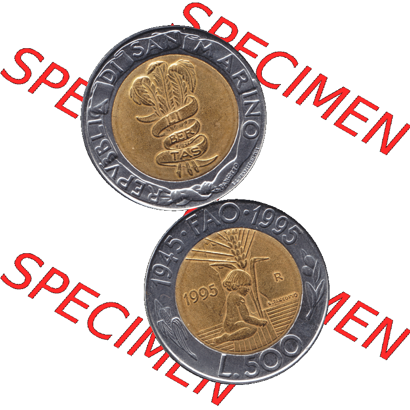 Gedenkmünzen aus San Marino, in PNG 1995-1995, 500 Lire F.A.O. 1995-01. Vorderseite und Rückseite vertikal auf einen digitalen Bild der alten Gedenkmünze... Sammlung