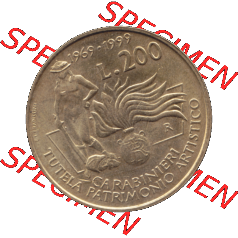 Bildmaterial einer Münze aus Italien / Italia als PNG-Grafik 1999-1999, 200 Lire Carabinieri, Schutz der Kunsterbe 1999-01. Rückseite einer alten italienischen 200 Lire... Sammlung