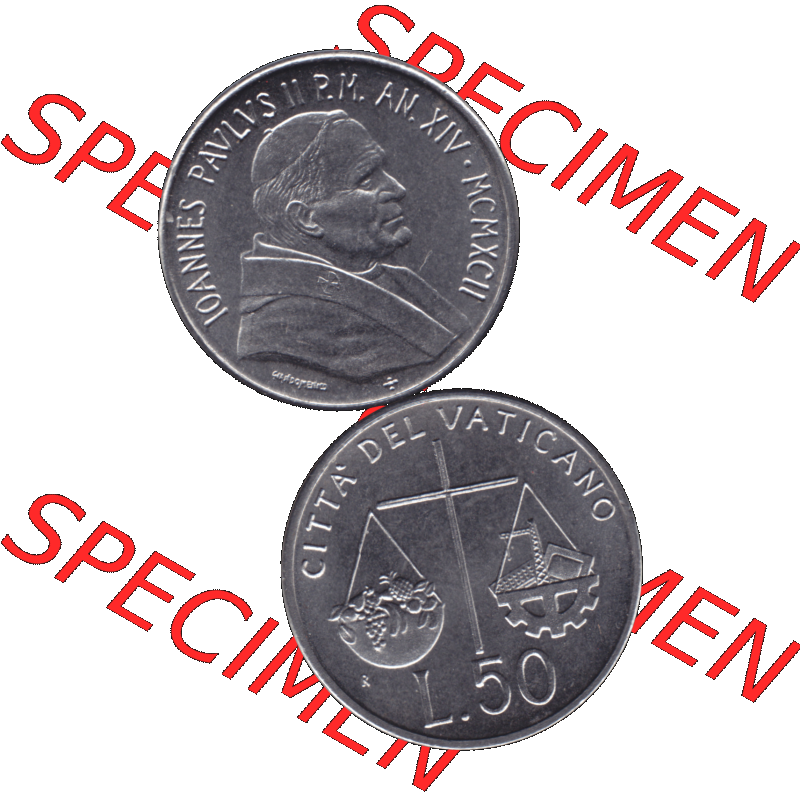 Alte Münze aus der Vatikanstadt / Vatikan als PNG-Grafik 1992-1992, 50 Lire Papst Giovanni Paolo II. 1992-01. Vorderseite und Rückseite vertikal auf einen digitalen Bild... Sammlung