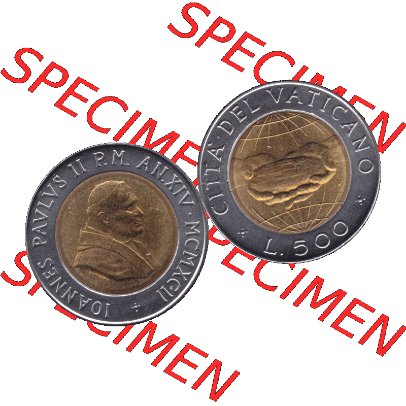 Alte Münze aus der Vatikanstadt / Vatikan als PNG-Grafik 1992-1992, 500 Lire Papst Giovanni Paolo II. 1992-01. Vorderseite und Rückseite horizontal auf einen digitalen... Sammlung