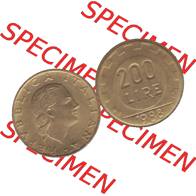 Bildmaterial einer Münze aus Italien / Italia als PNG-Grafik 1977-2001, 200 Lire, Zahnrad 1988-01. Vorderseite und Rückseite horizontal auf einen digitalen Bild einer alten... Sammlung