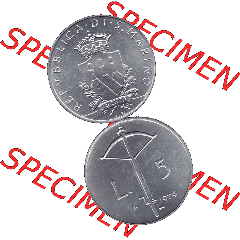 Bildmaterial Münzensatz / KMS 1979 aus San Marino im PNG-Format 1979-1979, 5 Lire, LIBERTAS REPVBBLICA DI S. MARINO, 1979 L.5. Vorderseite und Rückseite... Sammlung