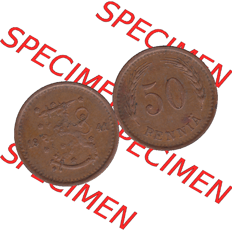 Alte Münzen KMS Finnland, Kursmünzensatz Finnland in transparenten digitalen PNG-Format 1940-1943, 50 Penny, Penniä, Kupfer 1941-1. Die digitalisierte Münze... Sammlung