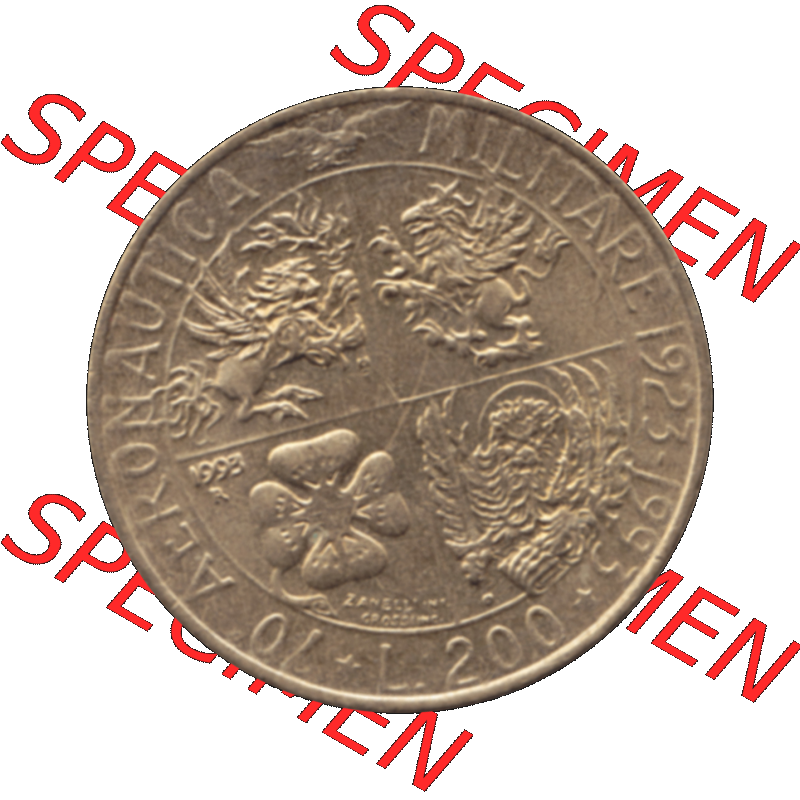 Bildmaterial einer Münze aus Italien / Italia als PNG-Grafik 1993-1993, 200 Lire Militärischen Luftfahrt 1993-01. Rückseite einer alten italienischen 200 Lire Gedenkmünze,... Sammlung