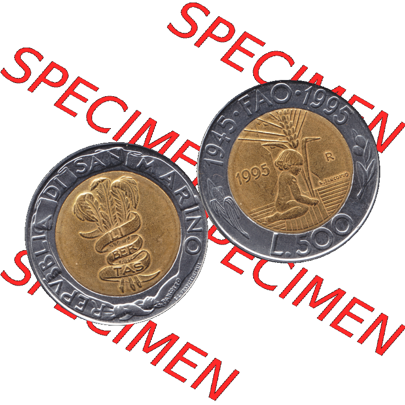 Gedenkmünzen aus San Marino, in PNG 1995-1995, 500 Lire F.A.O. 1995-01. Vorderseite und Rückseite horizontal auf einen digitalen Bild der alten Gedenkmünze... Sammlung